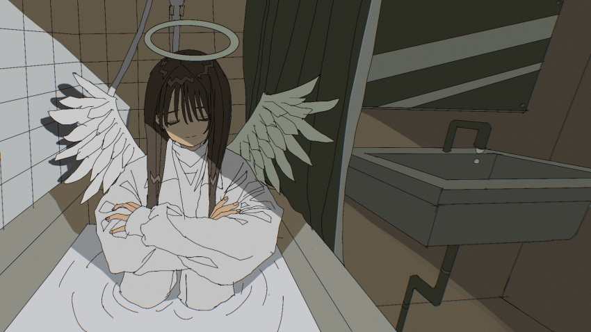 1girl, angel, angel_wings, bathroom, bathtub, brown_hair, closed_eyes, clothed_bath