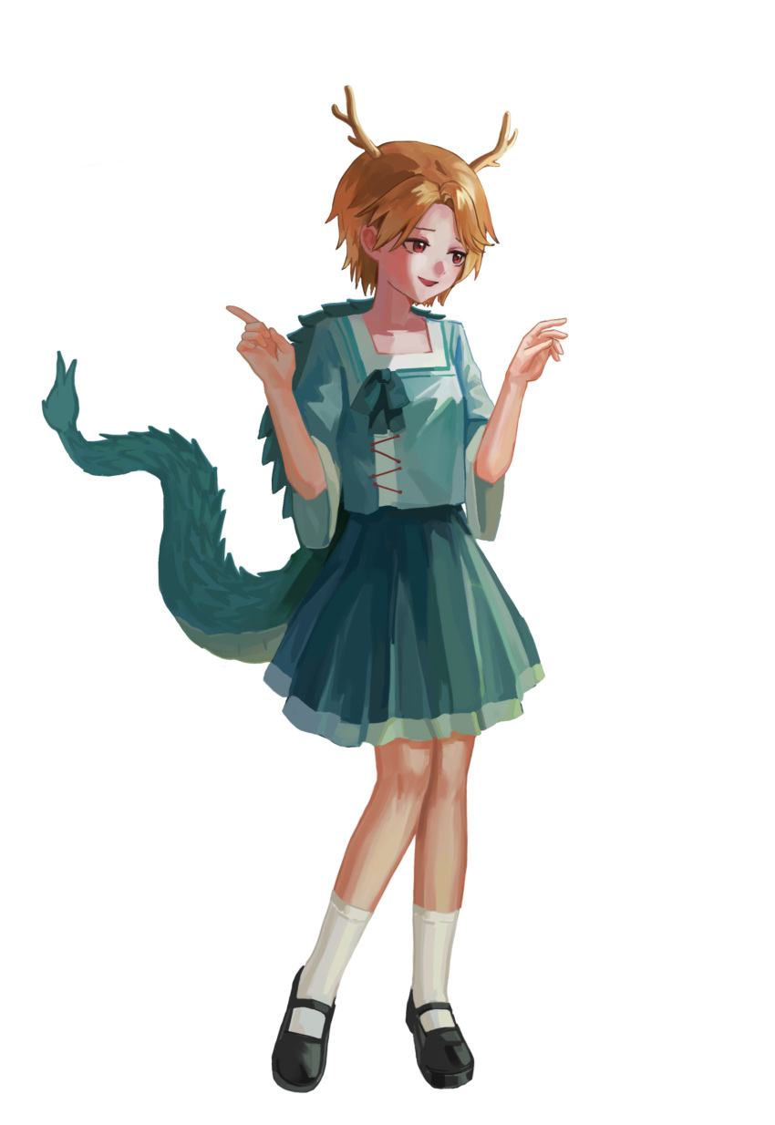 1girl, absurdres, antlers, black_shoes, blonde_hair, blue_shirt, chinese_commentary, commentary_request
