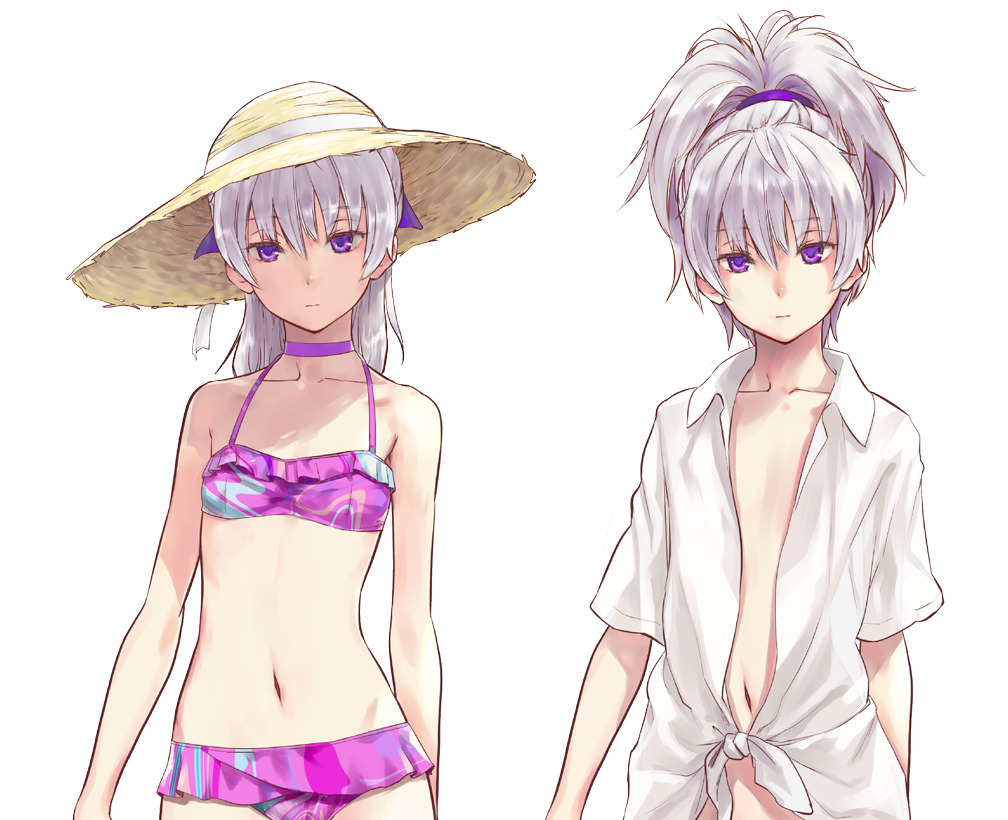 choker, darker_than_black, expressionless, flat_chest, front-tie_top, hair_ribbon, halterneck, hat