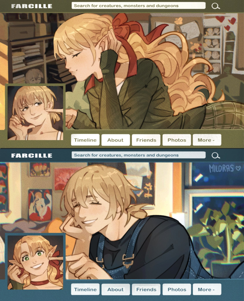 2girls, ^_^, angrymiloras, artist_name, blonde_hair, blue_overalls, book, bookshelf