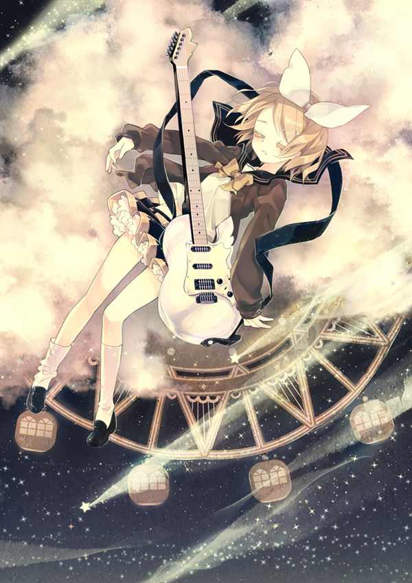blonde_hair, bow, closed_eyes, colored_eyelashes, electric_guitar, eyes_closed, ferris_wheel, guitar