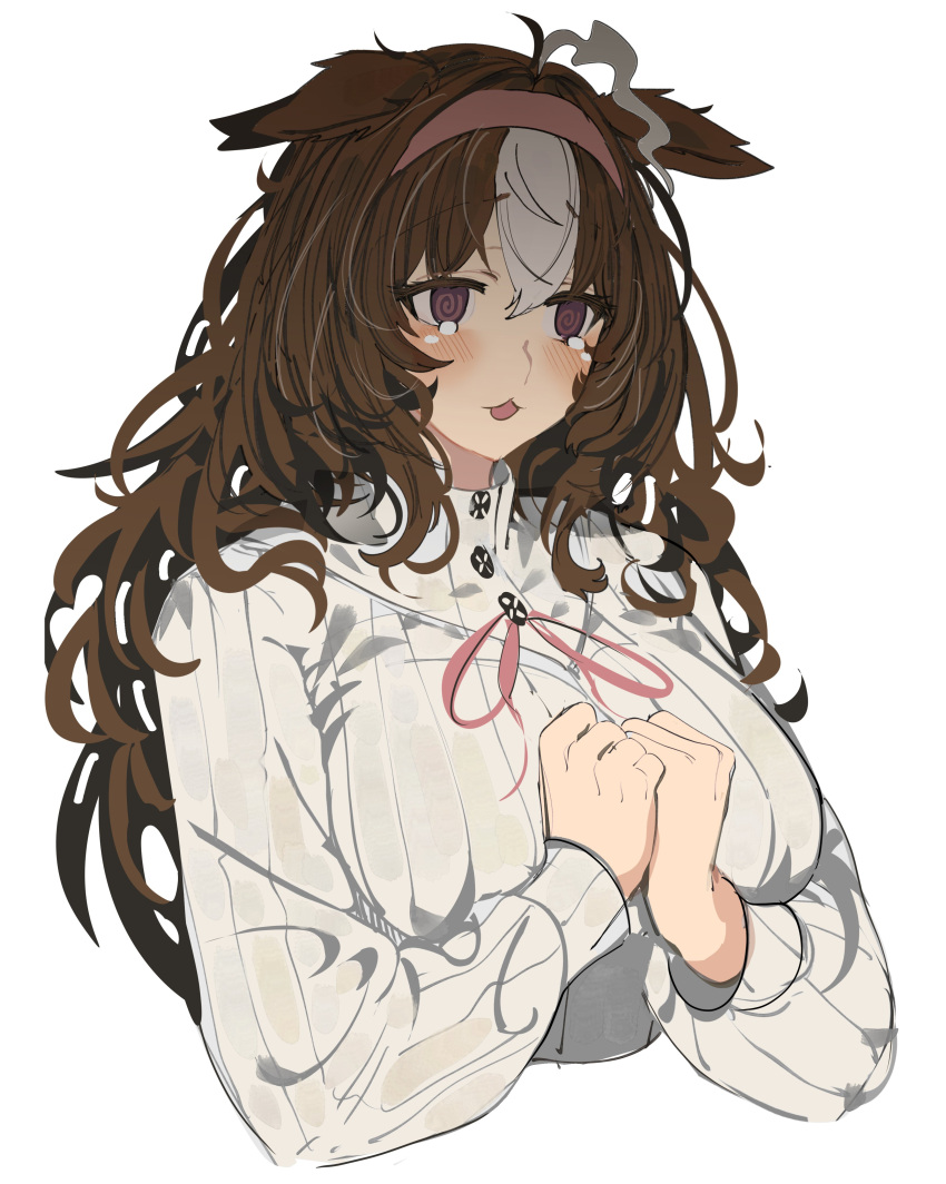 1girl, :3, @_@, absurdres, ahoge, animal_ears, blush, breasts, brown_hair, buttons, commentary, cropped_torso, english_commentary, hairband, highres, horse_girl, large_breasts, meisho_doto_(umamusume), multicolored_hair, open_mouth, pink_hairband, simple_background, solo, tomatolover16, two-tone_hair, umamusume, white_background, white_hair