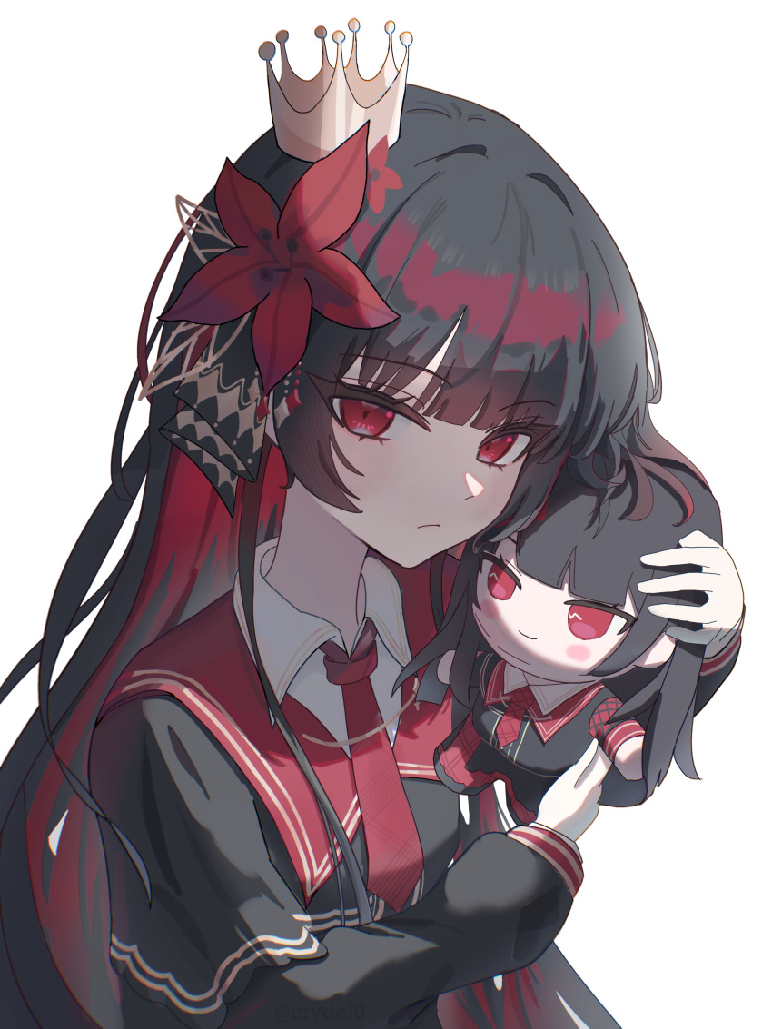 1girl, absurdres, black_hair, black_shirt, character_doll, closed_mouth, collared_shirt, crown, crydel, doll, flower, hair_flower, hair_ornament, highres, holding, holding_doll, long_hair, mahou_shoujo_no_majo_saiban, mini_crown, necktie, nikaido_hiro, red_eyes, red_flower, red_necktie, shirt, simple_background, solo, upper_body, white_background