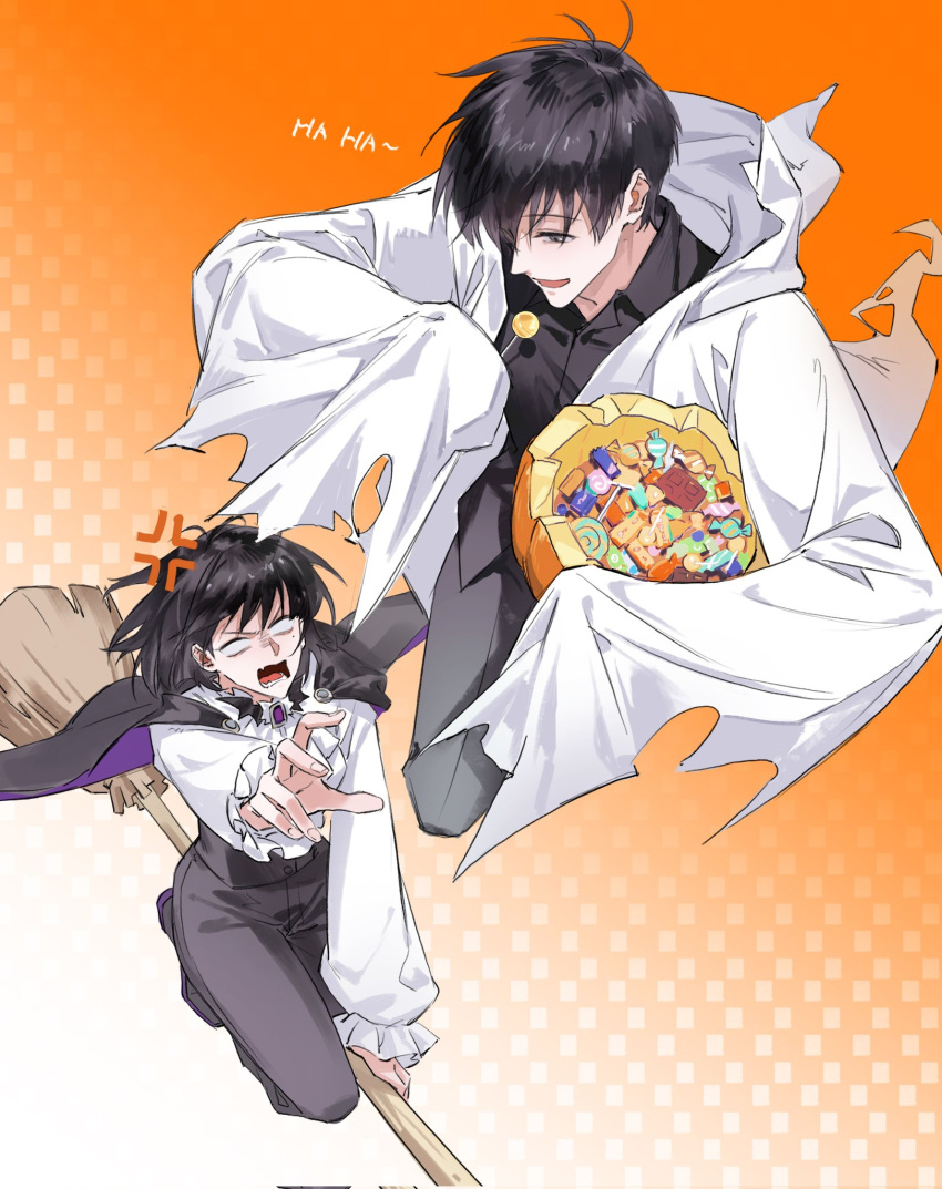 1boy, 1girl, :d, black_cape, black_eyes, black_hair, black_shirt, brooch