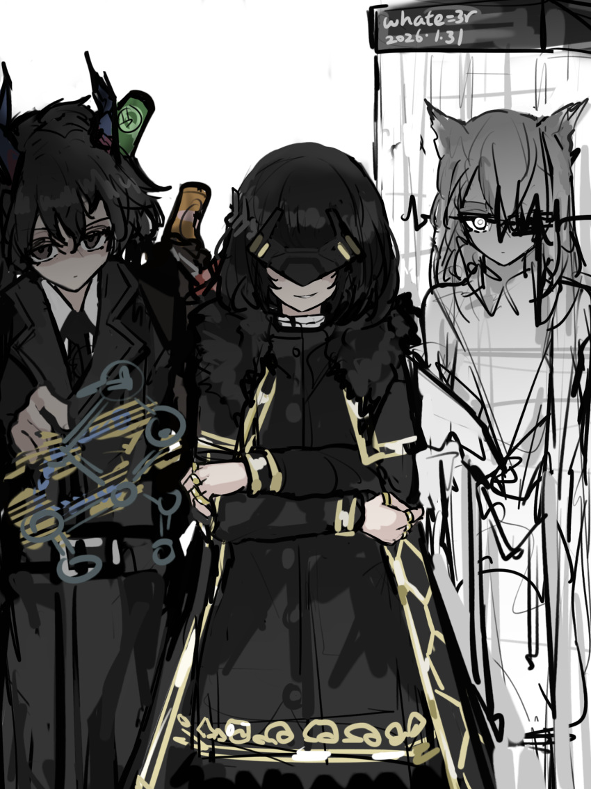 3girls, absurdres, arknights, arknights:_endfield, baral_(project_moon), baral_(project_moon)_(cosplay), black_hair, capelet