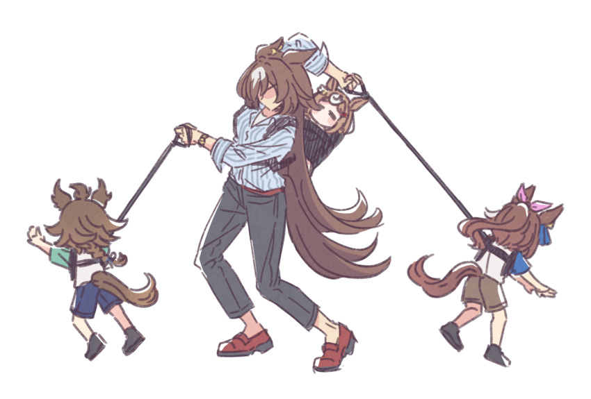 4girls, aged_down, ahoge, akamirai, alternate_costume, animal_ears, brown_hair, carrying