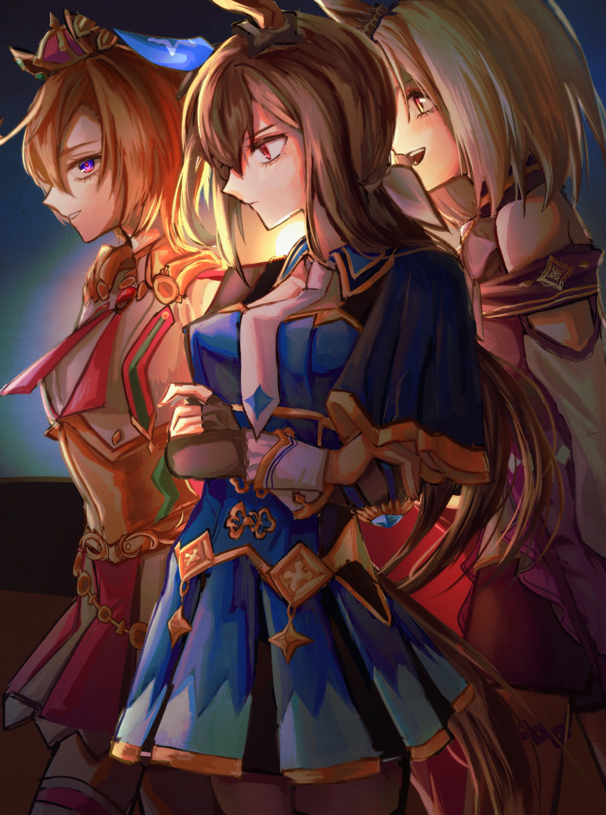 3girls, absurdres, admire_vega_(starry_nocturne)_(umamusume), admire_vega_(umamusume), animal_ears, blonde_hair, blue_dress, breasts
