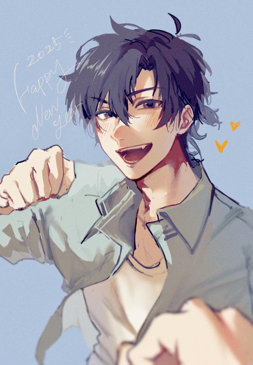 1boy, 1other, :d, antenna_hair, black_eyes, black_hair, blue_background, blue_shirt, blush, cheng_xiaoshi, cheng_xiaoshi_(bridon), clenched_hand, collared_shirt, commentary_request, dated, english_text, fang, ggtnnk, hair_between_eyes, happy_birthday, heart, highres, looking_at_viewer, male_focus, official_alternate_costume, open_clothes, open_mouth, open_shirt, ponytail, pov, pov_hands, shiguang_dailiren, shirt, short_hair, short_ponytail, simple_background, smile, solo_focus, undershirt, upper_body, white_shirt