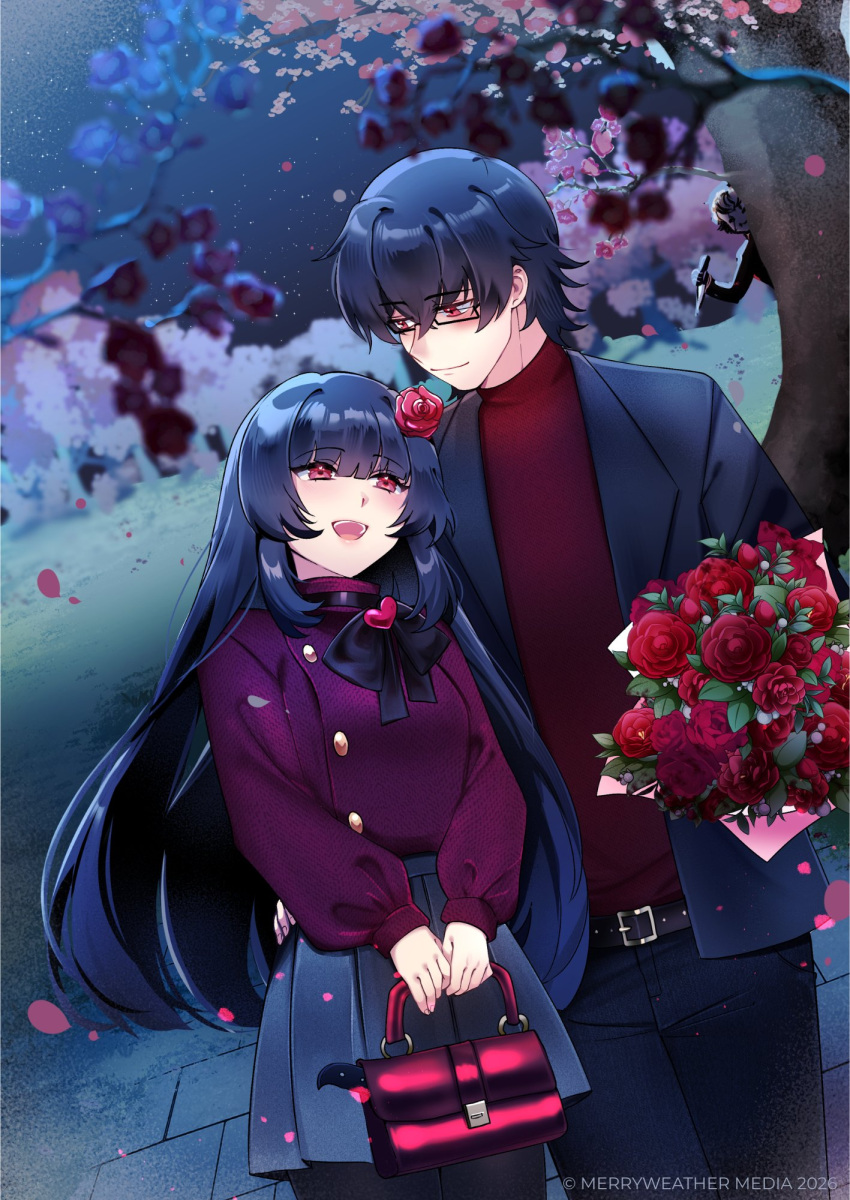 1boy, 1girl, bag, belt, belt_buckle, black_belt, black_hair, black_jacket