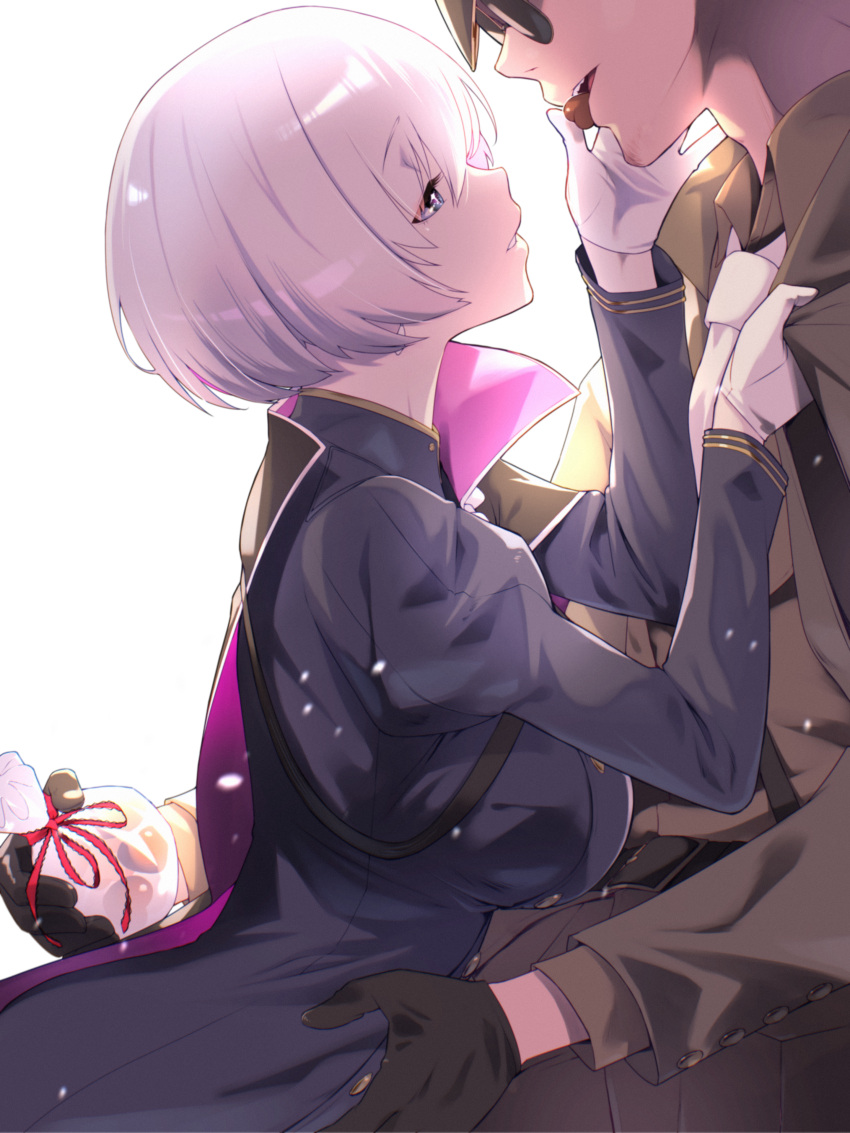1boy, 1girl, absurdres, adam's_apple, andersen_(nikke), belt, blue_eyes, breasts