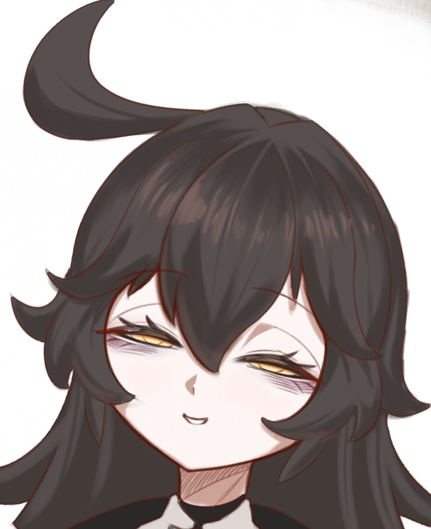 1girl, bags_under_eyes, black_hair, grey_shirt, grimmi_(vtuber), hair_between_eyes, half-closed_eyes, highres