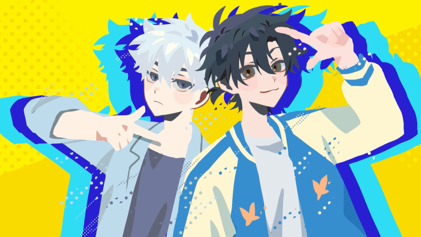 2101341bbb, 2boys, antenna_hair, black_eyes, black_hair, black_shirt, blue_jacket, brown_eyes