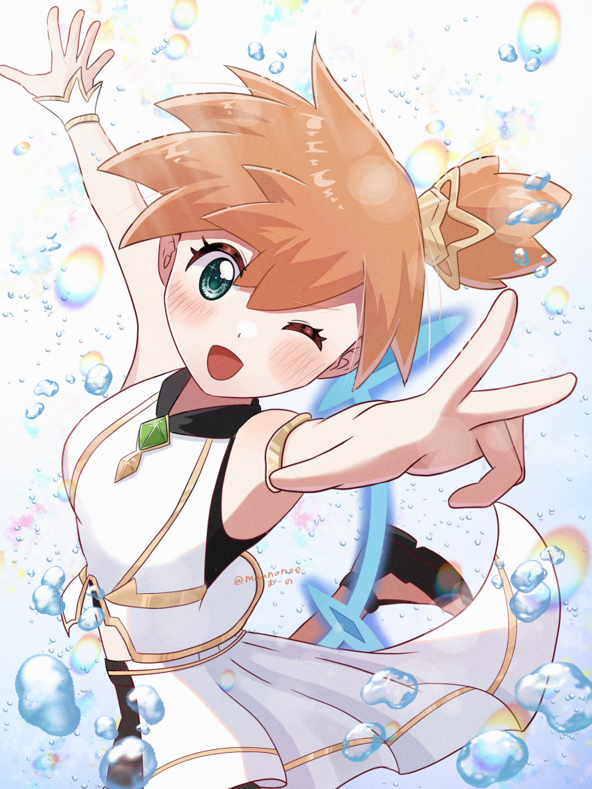 1girl, ;d, absurdres, armlet, blush, commentary_request, dress, eyelashes, gem, green_eyes, green_gem, happy, highres, jewelry, looking_at_viewer, misty_(arc_suit)_(pokemon), misty_(pokemon), muunonoe, official_alternate_costume, one_eye_closed, one_side_up, open_mouth, orange_hair, pokemon, pokemon_masters_ex, short_hair, single_wrist_cuff, smile, solo, w, water_drop, white_dress, wrist_cuffs