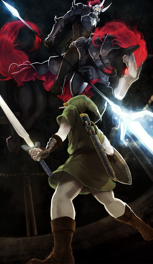 2boys, from_behind, gauntlets, glowing, horns, horse, left-handed, link