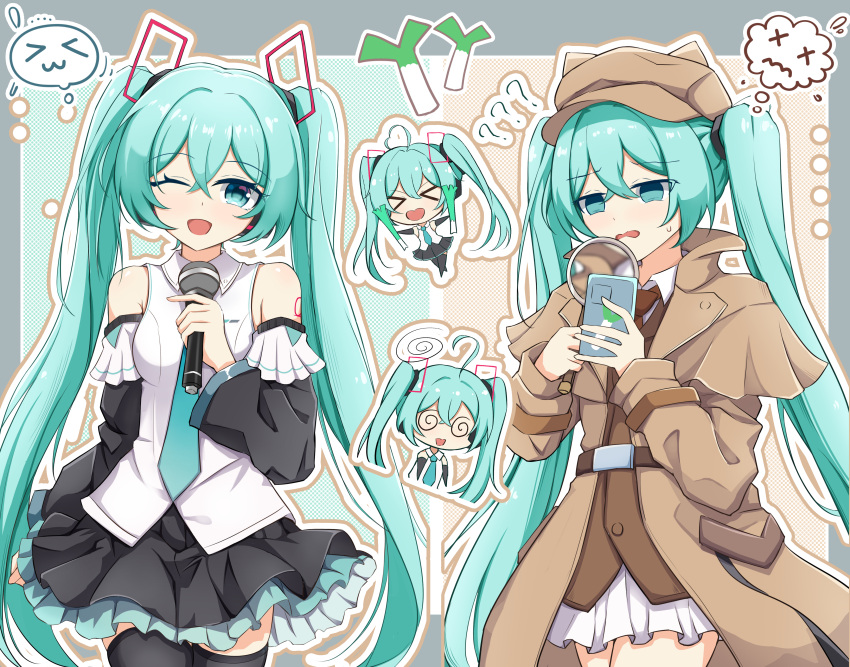 >_<, 1girl, absurdres, aqua_eyes, aqua_hair, aqua_trim, black_skirt, black_thighhighs