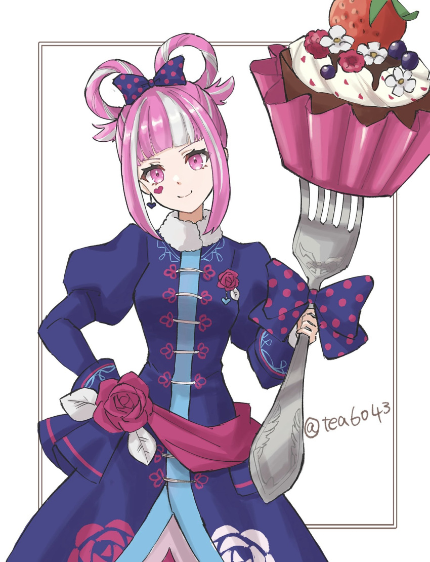 1girl, blue_dress, blunt_bangs, bow, dress, facial_mark, fire_emblem, fire_emblem_engage, fire_emblem_heroes, floral_print, floral_print_dress, folded_twintails, fork, giant_fork, hair_rings, heart, heart_facial_mark, highres, holding, holding_fork, hortensia_(cutesplosion)_(fire_emblem), hortensia_(fire_emblem), long_sleeves, multicolored_hair, multicolored_tiara, official_alternate_costume, pink_eyes, pink_hair, polka_dot, polka_dot_bow, print_dress, solo, tea6043, two-tone_hair