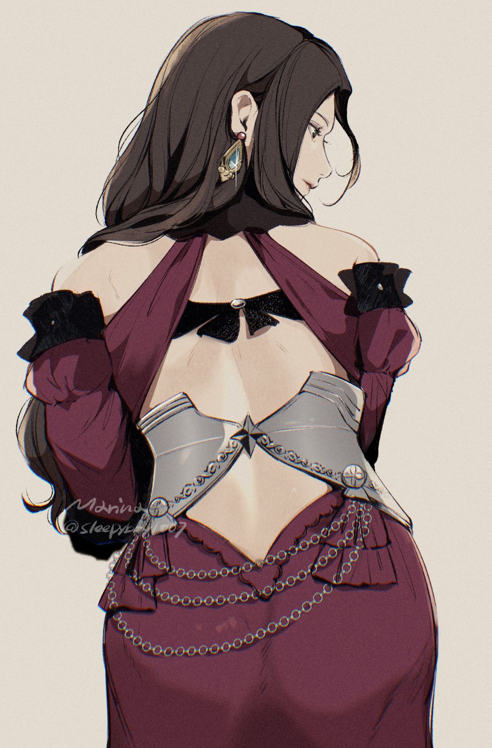 1girl, bare_shoulders, brown_hair, chain, dorothea_arnault, dress, earrings, fire_emblem