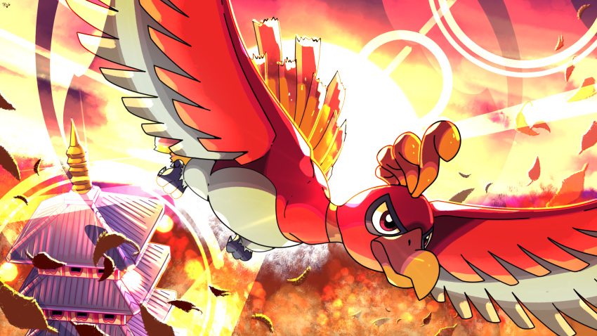 beak, bell_tower_(pokemon), highres, ho-oh, in-universe_location, leaf, no_humans, pokemon, pokemon_(creature), pokemon_focus, red_eyes, solo, sunset, tntvale, tower, wings