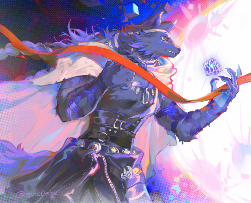 1boy, abisi_(xinyue_tongxing), adjustable_wrench, animal_ears, artist_name, braid, cape, carabiner