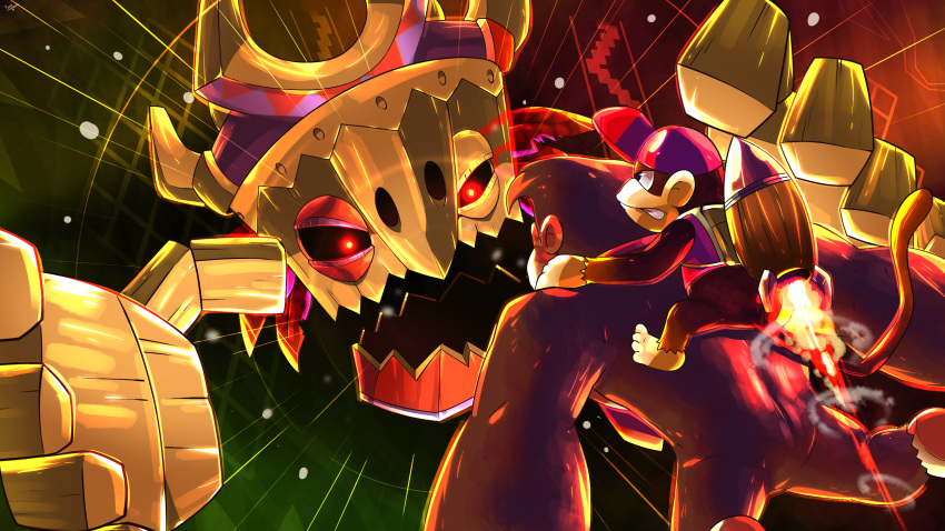 2boys, baseball_cap, black_sclera, brown_fur, colored_sclera, diddy_kong, donkey_kong, donkey_kong_(series), donkey_kong_country_returns, furry, furry_male, gorilla, hat, highres, jetpack, looking_at_another, monkey_tail, multiple_boys, open_mouth, rayman_limbs, red_hat, tail, tiki_tong, tntvale