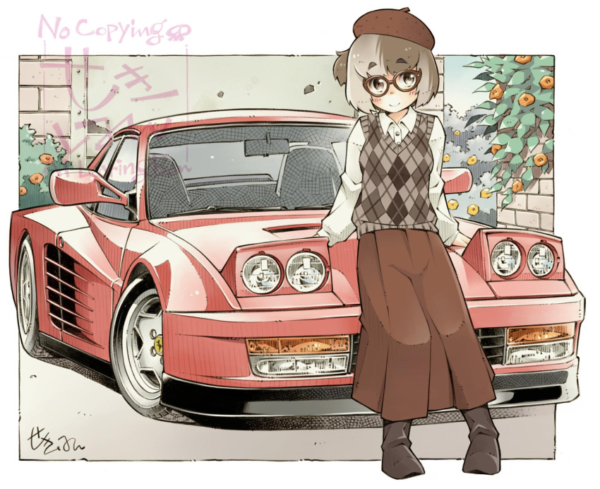 1girl, beret, blush, boots, border, brown-framed_eyewear, brown_boots, brown_eyes