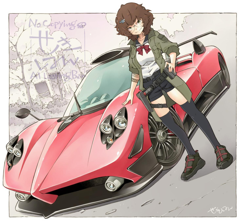 1girl, ammunition_pouch, arm_tattoo, belt, black_belt, black_sailor_collar, black_shoes, black_shorts, black_thighhighs, border, bow, bowtie, breasts, brown_hair, car, closed_mouth, coat, commentary_request, commission, dutch_angle, full_body, glasses, green_coat, green_eyes, hair_ornament, hand_on_own_hip, highres, holster, looking_at_viewer, medium_breasts, medium_hair, motor_vehicle, neck_tattoo, open_clothes, open_coat, original, pagani, pagani_zonda, pouch, red_bow, red_bowtie, red_car, sailor_collar, sekihan, shirt, shoes, short_shorts, shorts, signature, skeb_commission, sleeves_rolled_up, smile, sneakers, solo, spoiler_(automobile), standing, tattoo, thigh-highs, vehicle_focus, white_border, white_shirt
