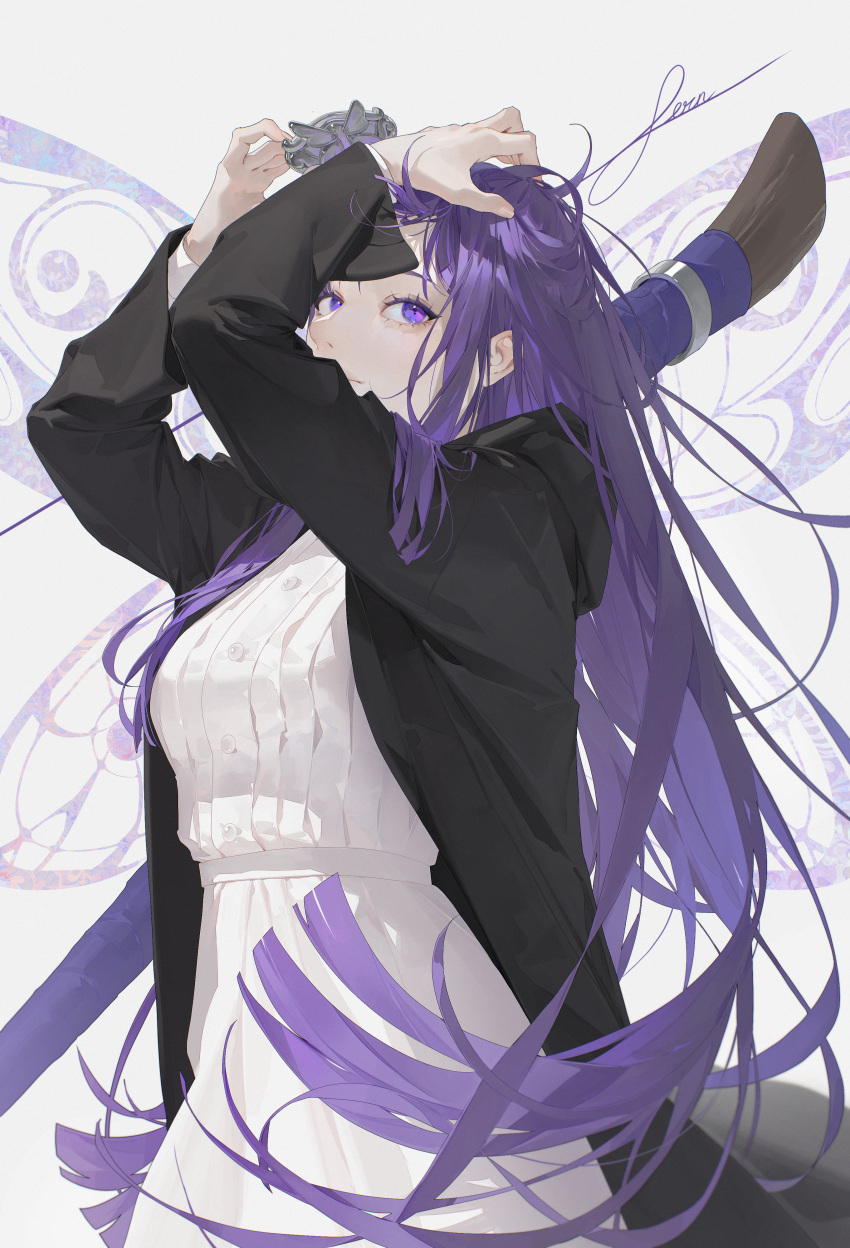 1girl, absurdres, black_robe, breasts, butterfly_background, butterfly_hair_ornament, character_name, closed_mouth, commentary, cowboy_shot, dress, fern_(sousou_no_frieren), floating_hair, hair_ornament, hand_in_own_hair, highres, holding, holding_hair_ornament, long_hair, long_sleeves, looking_at_viewer, mage_staff, purple_hair, robe, sideways_glance, soar_wle, solo, sousou_no_frieren, staff, very_long_hair, violet_eyes, white_background, white_dress