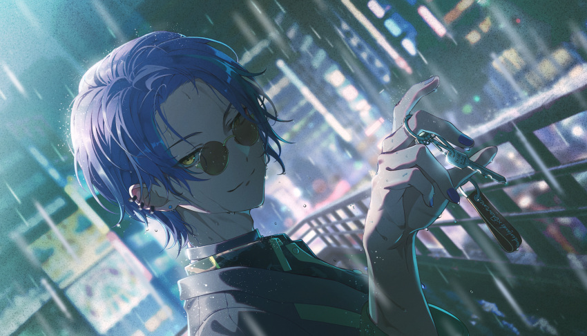 1boy, adam's_apple, aqua_streaks, bespectacled, black_choker, black_eyeshadow, black_shirt, blue_nails