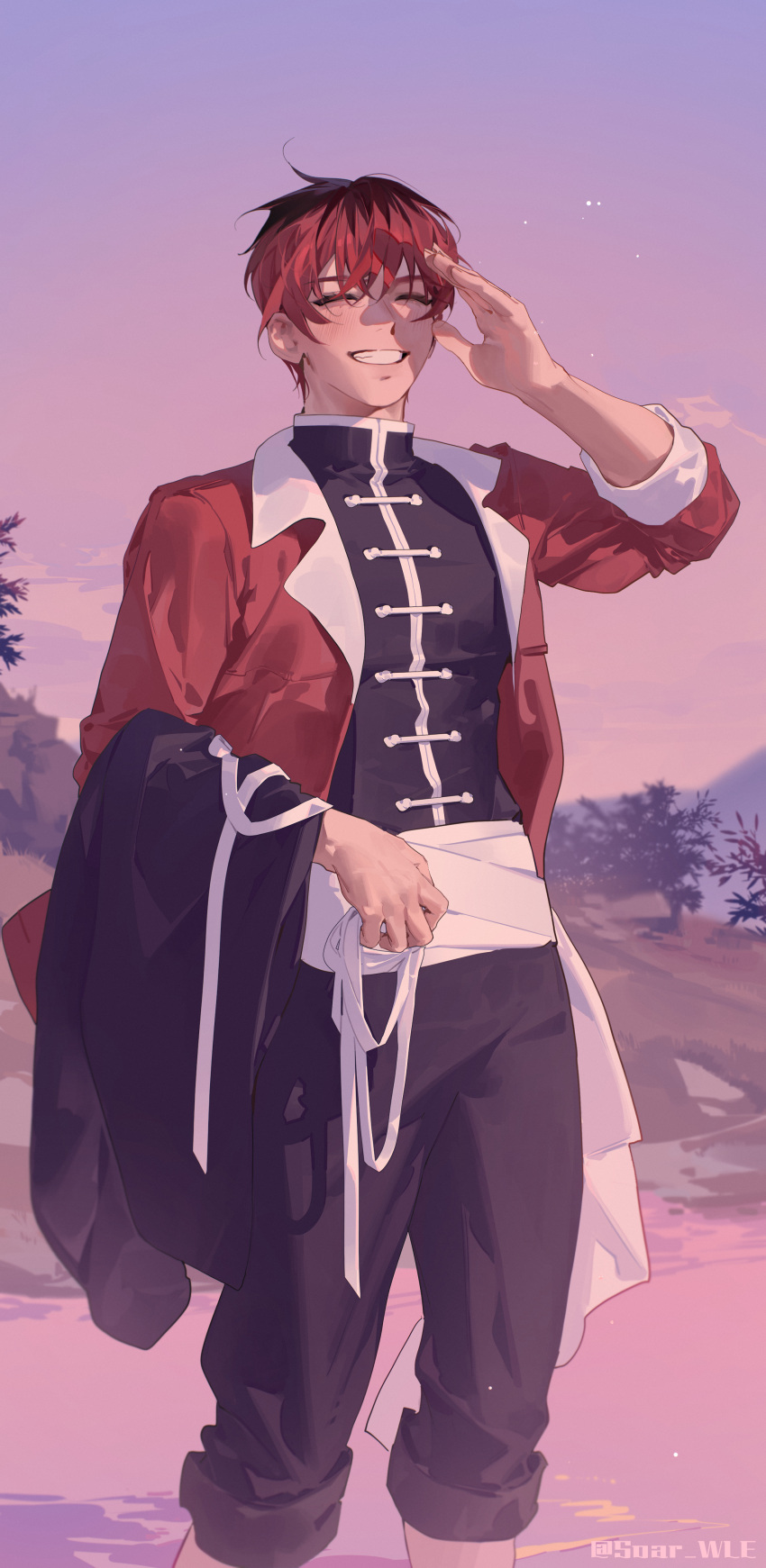 1boy, absurdres, arm_up, black_shirt, blush, closed_eyes, commentary_request, grin