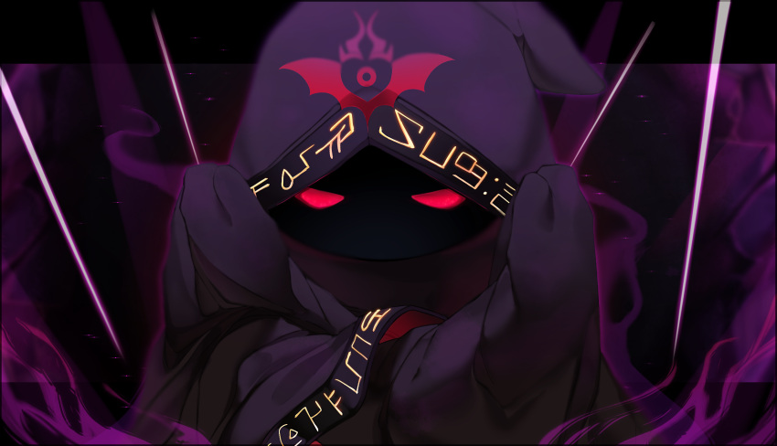 1boy, black_cloak, black_hood, cloak, commentary_request, corrupt_hyness, dark_background, full_body