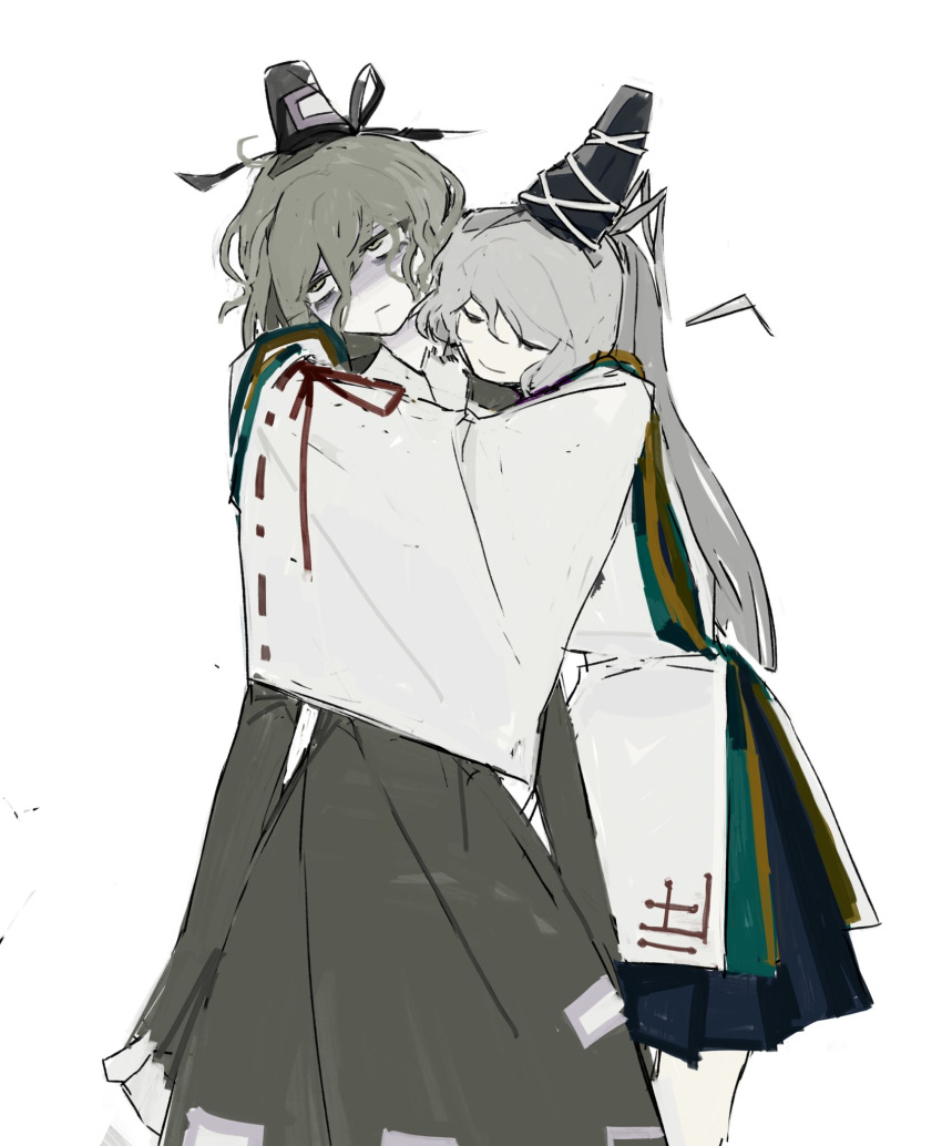 2girls, blue_skirt, closed_eyes, closed_mouth, dress, gloom_(expression), green_dress, green_eyes