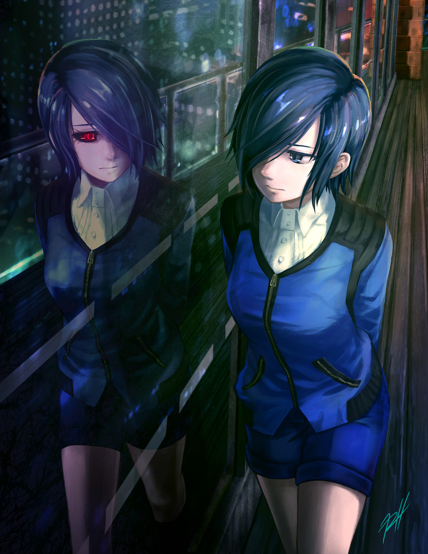 1girl, arms_behind_back, black_hair, black_sclera, blue_eyes, blue_hair, blue_jacket, blue_shorts