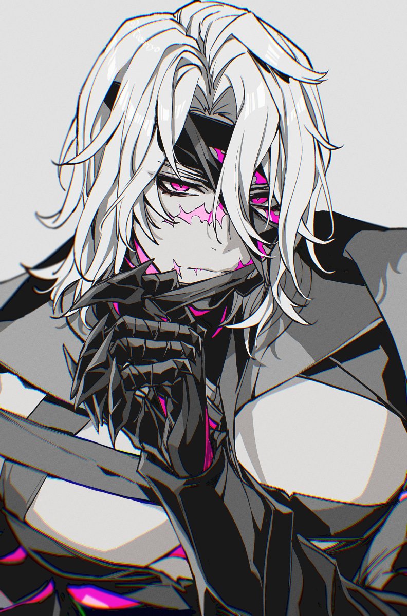 1boy, bandaged_chest, bandaged_head, bandages, cape, clawed_gauntlets, closed_mouth, collared_cape