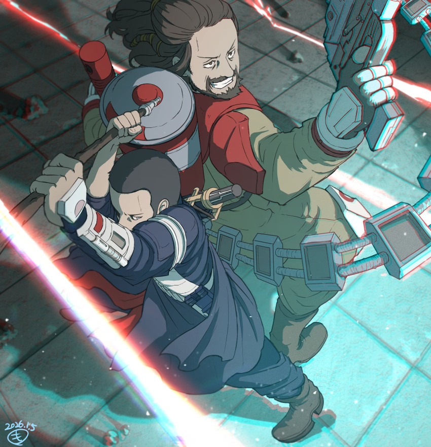 2boys, armor, baze, beard, black_hair, boots, brown_boots, brown_hair