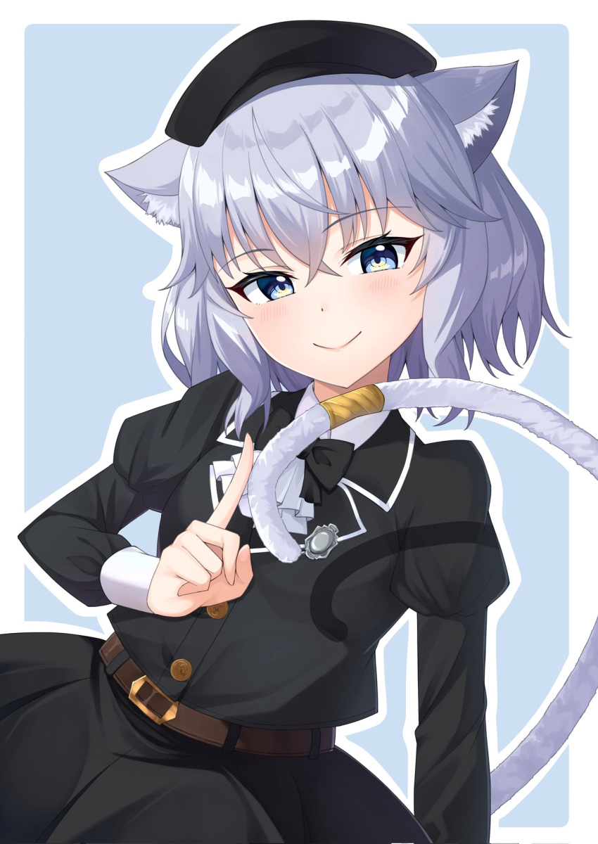 1girl, animal_ears, belt, beret, black_bow, black_bowtie, black_hat, black_shirt