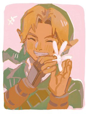 +++, 26_zzzzzz, blonde_hair, border, brown_gloves, closed_eyes, fairy, fingerless_gloves, gloves, green_hat, green_shirt, grin, hair_intakes, hands_up, hat, laughing, link, lowres, navi, parted_bangs, phrygian_cap, pink_background, shirt, short_hair, shoulder_strap, single_fingerless_glove, smile, the_legend_of_zelda, the_legend_of_zelda:_ocarina_of_time, white_border, wing_collar