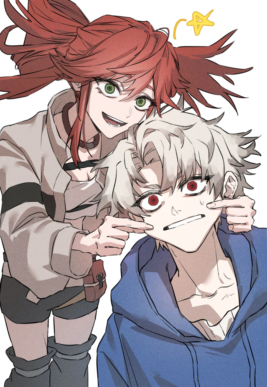 1boy, 1girl, absurdres, black_choker, blue_hoodie, cheek_pinching, choker, commentary_request