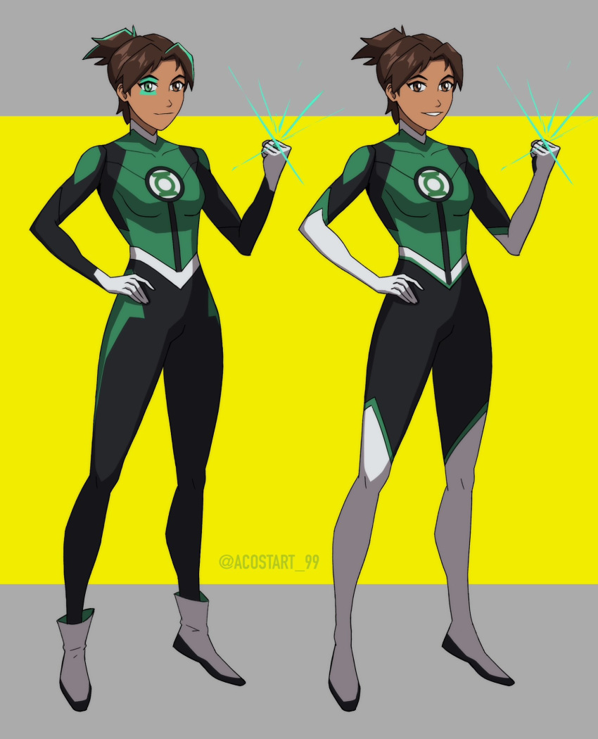 1girl, artist_name, bodysuit, boots, brown_hair, closed_mouth, dark-skinned_female, dark_skin