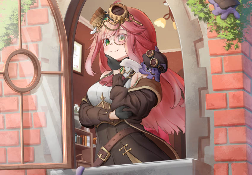 1girl, aivy_lovencraft, belt, black_gloves, book, bookshelf, braco, brick_wall