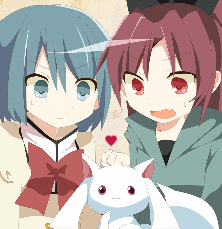 :3, blue_eyes, blue_hair, bow, clenched_hand, fang, fist, heart