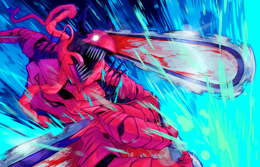1boy, absurdres, blood, blood_on_weapon, chainsaw, chainsaw_man, denji_man_(chainsaw_man), highres, intestine_clothing, intestines, male_focus, meat_armor, organs, pull_cord, sharpski, solo, weapon