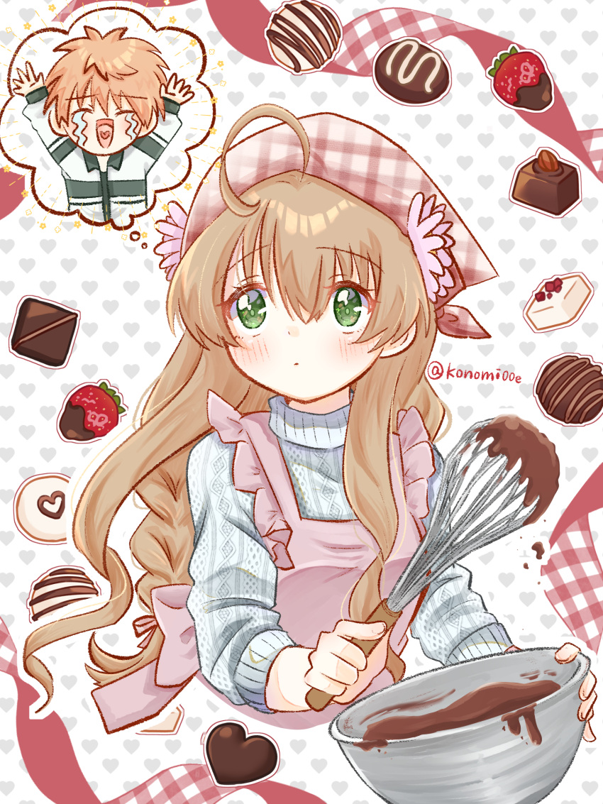 1girl, ahoge, alternate_costume, alternate_hairstyle, apron, blush, braid, brown_hair