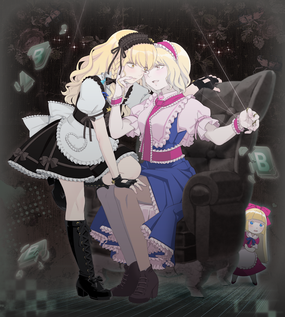 alice_margatroid, bad_id, blonde_hair, boots, brown_legwear, chair, cross-laced_footwear, doll