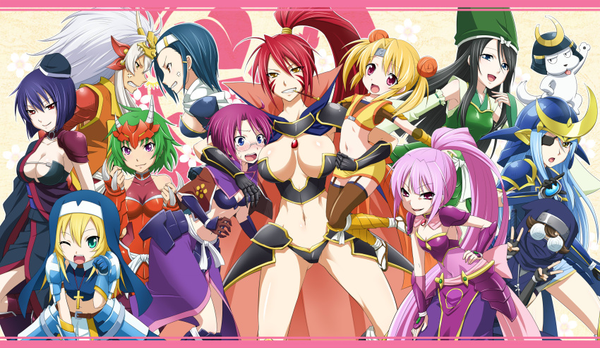 angry, armor, armored_dress, blonde_hair, blue_hair, blush, breasts, breasts_apart