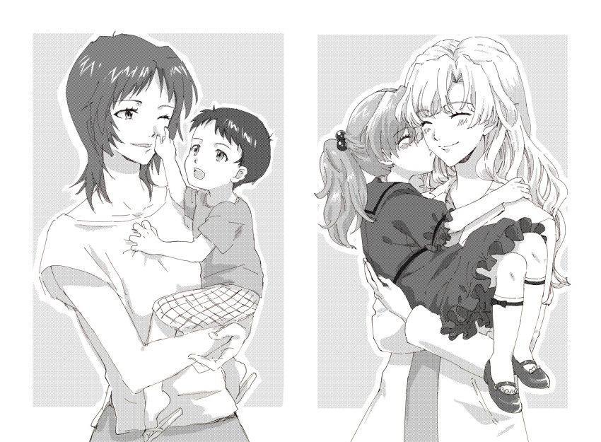 1boy, 3girls, border, bow_legwear, breasts, child, closed_eyes, closed_mouth