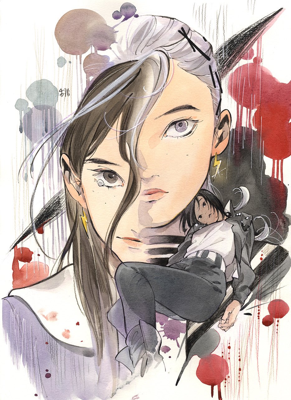 2girls, belt, black_eyes, black_hair, black_jacket, black_pants, brown_hair, comic_cover
