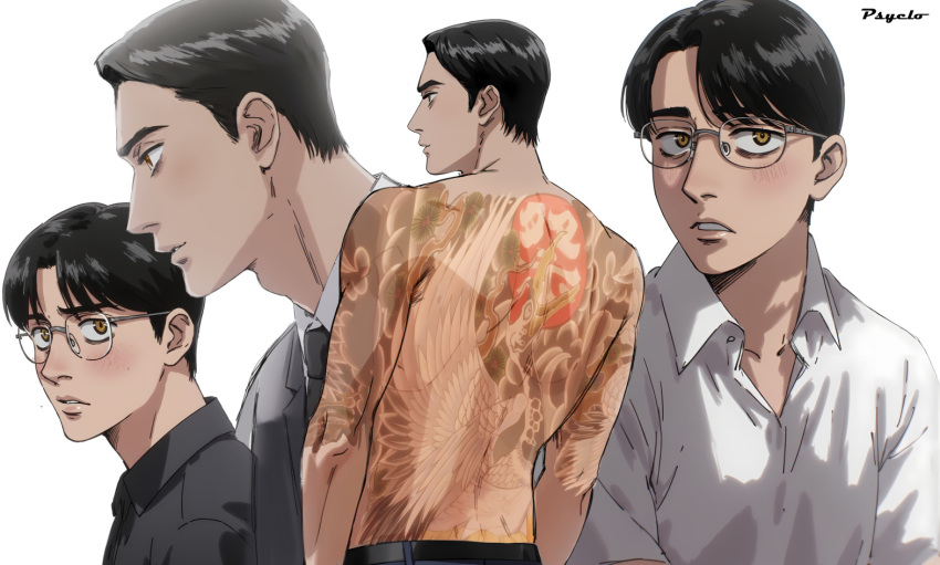 2boys, back_tattoo, black_hair, black_necktie, blush, collared_shirt, famiresu_iko., glasses