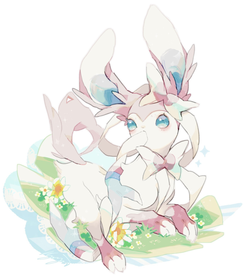 animal_focus, aqua_eyes, blush, commentary_request, flower, grass, highres, kanami_(bprod)