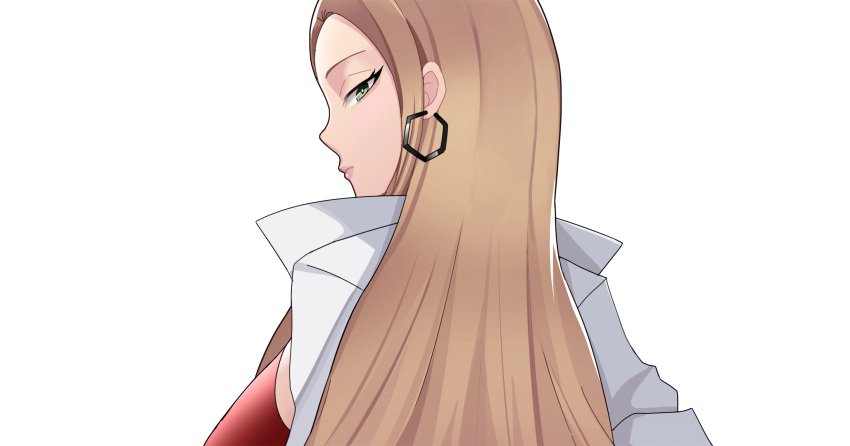 1girl, blonde_hair, business_suit, closed_mouth, coat, commentary_request, earrings, from_behind, green_eyes, hexagon_earrings, highres, hoop_earrings, jewelry, lenxiao, long_hair, looking_back, oleana_(pokemon), pokemon, pokemon_swsh, red_lips, red_shirt, shirt, solo, suit, upper_body, white_coat