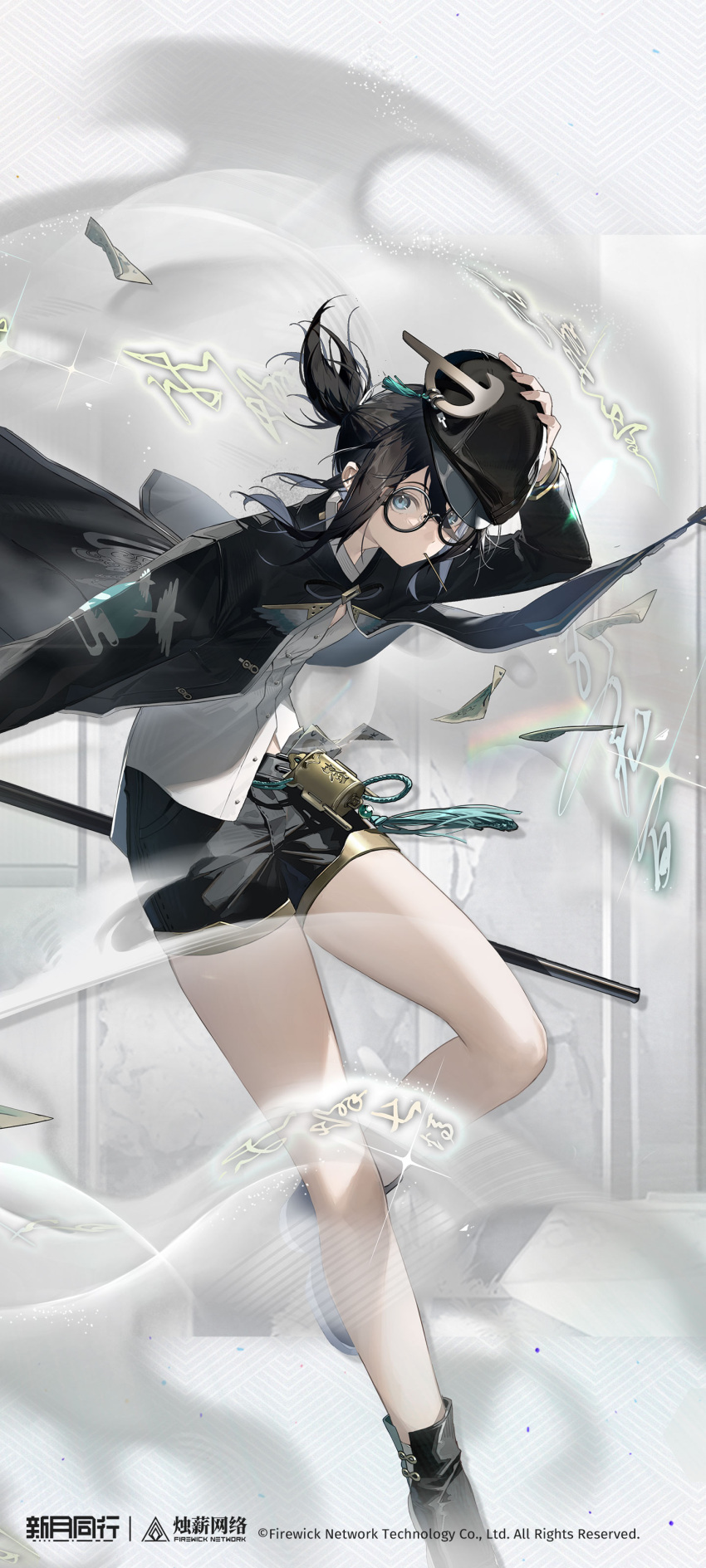 1girl, absurdres, black-framed_eyewear, black_boots, black_coat, black_hair, black_shorts, blue_eyes